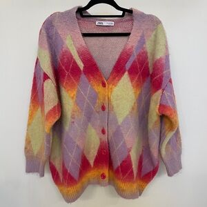 Zara Argyle Knit Cardigan - Size S